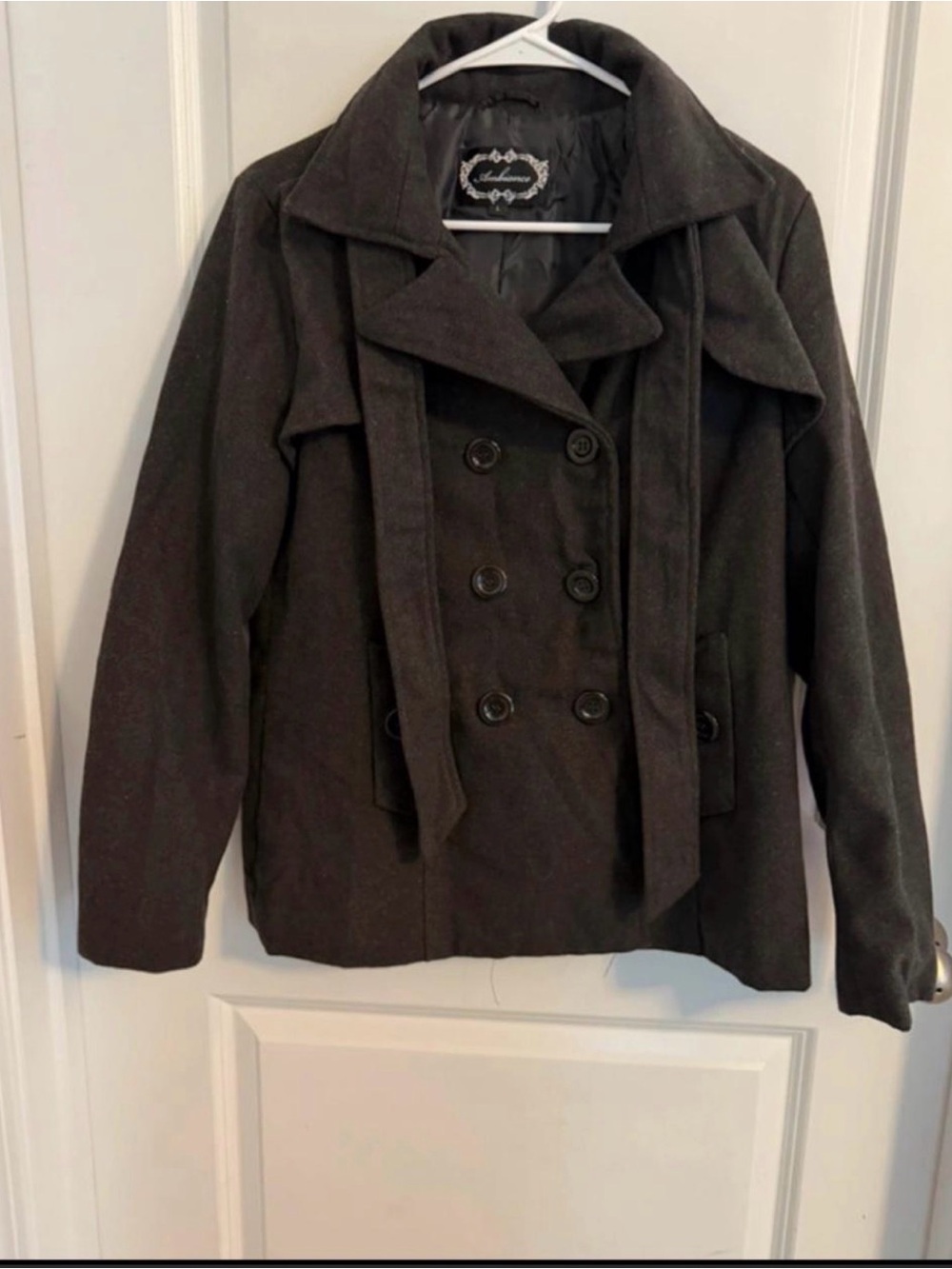 Ambiance Charcoal Gray Double-Breasted Pea Coat with Waist Ties